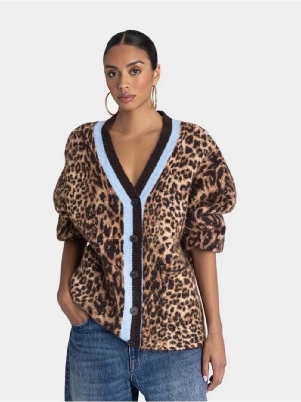 Leopard Print V-Neck Cardigan with Blue Trim